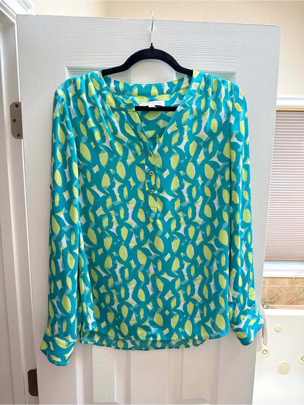 Banana Republic Turquoise, Lime & White Graphic Blouse